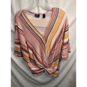 Daytrip Womens Striped Knit Twist Front V Neck 3/4 Sleeve Top Size L